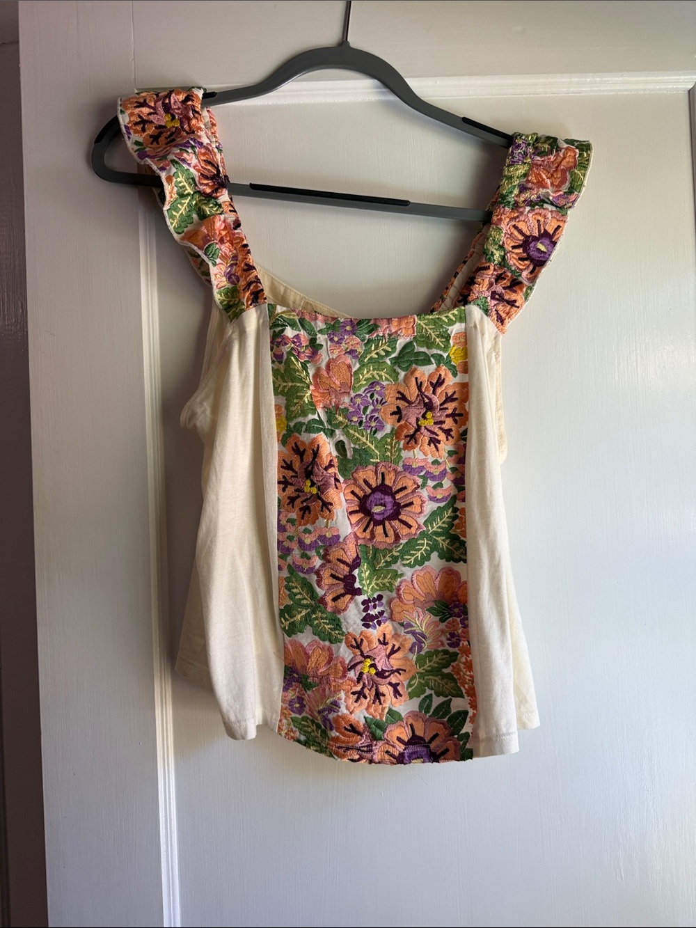 Embroidered Cream Tank Top with Floral Front Panel